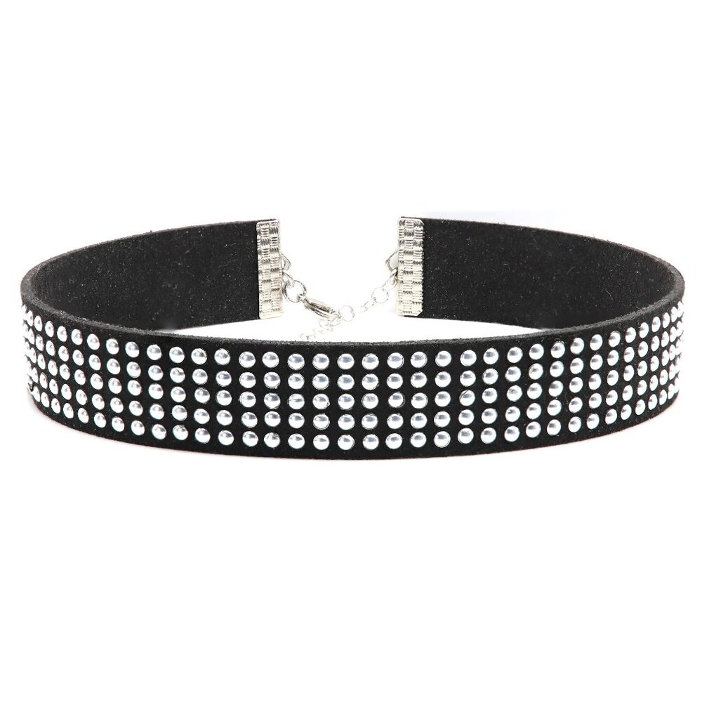 Black Gothic Choker Adjustable silver buttons Bohme wide style (#16)